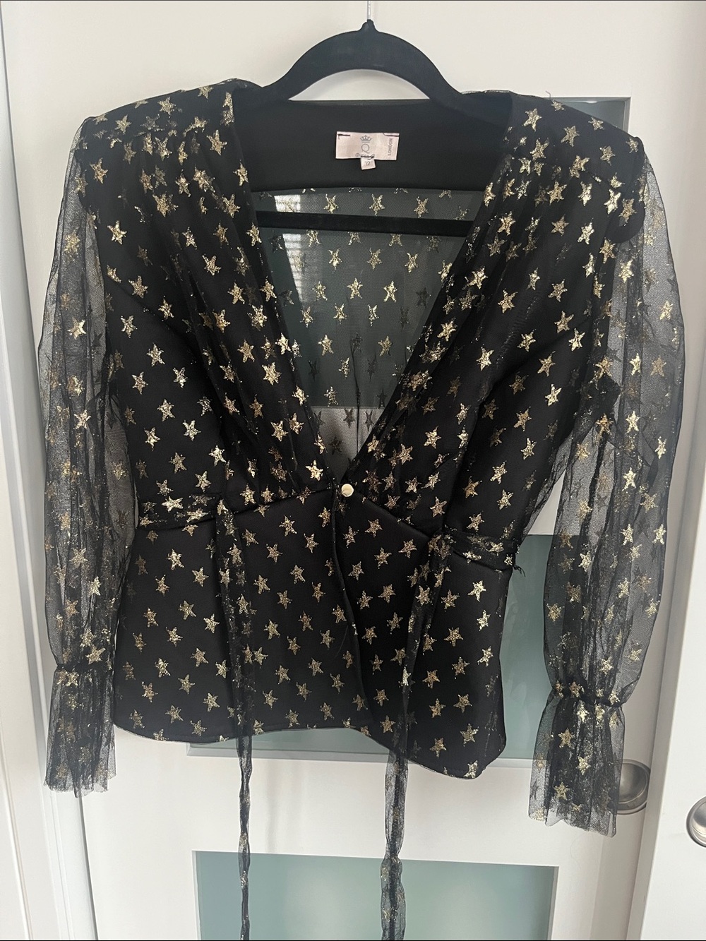 Black Sheer Star-Print Wrap Blouse with Gold Stars